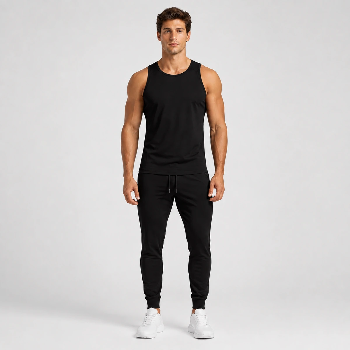 Man wearing a black gym tank top and joggers from the front