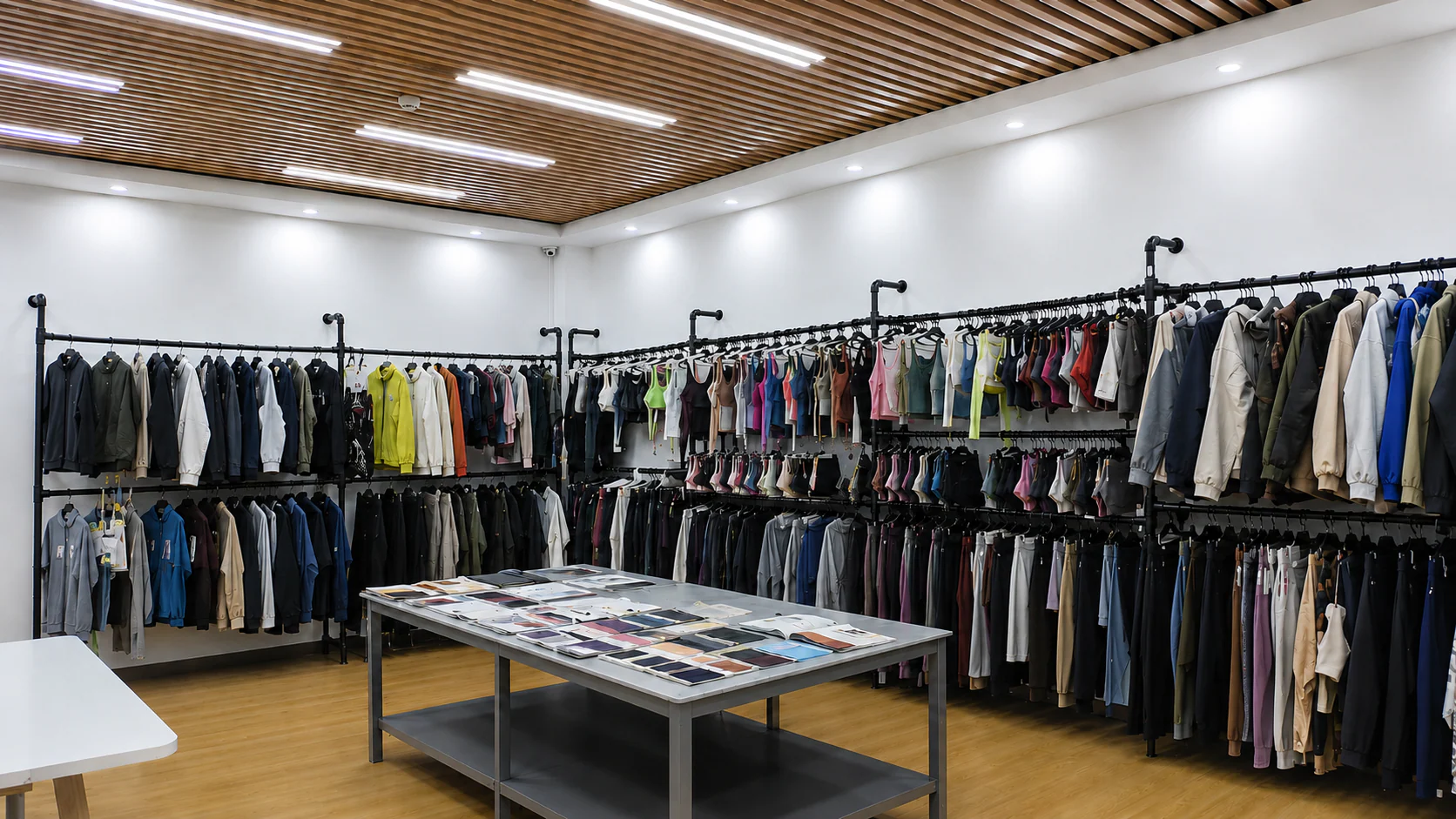 YIDI Apparel yoga and activewear showroom with garment samples and fabric swatches