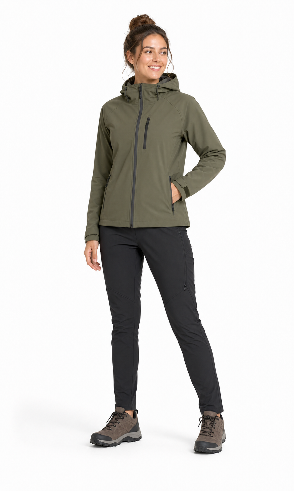 Women softshell hiking outfit white background product photo