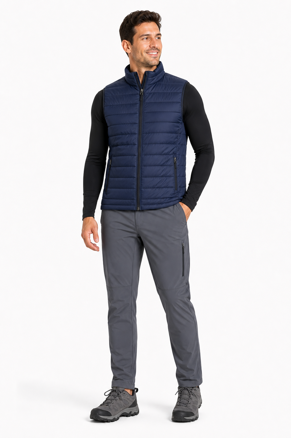 Mens puffer vest and trekking pants for camping apparel brands