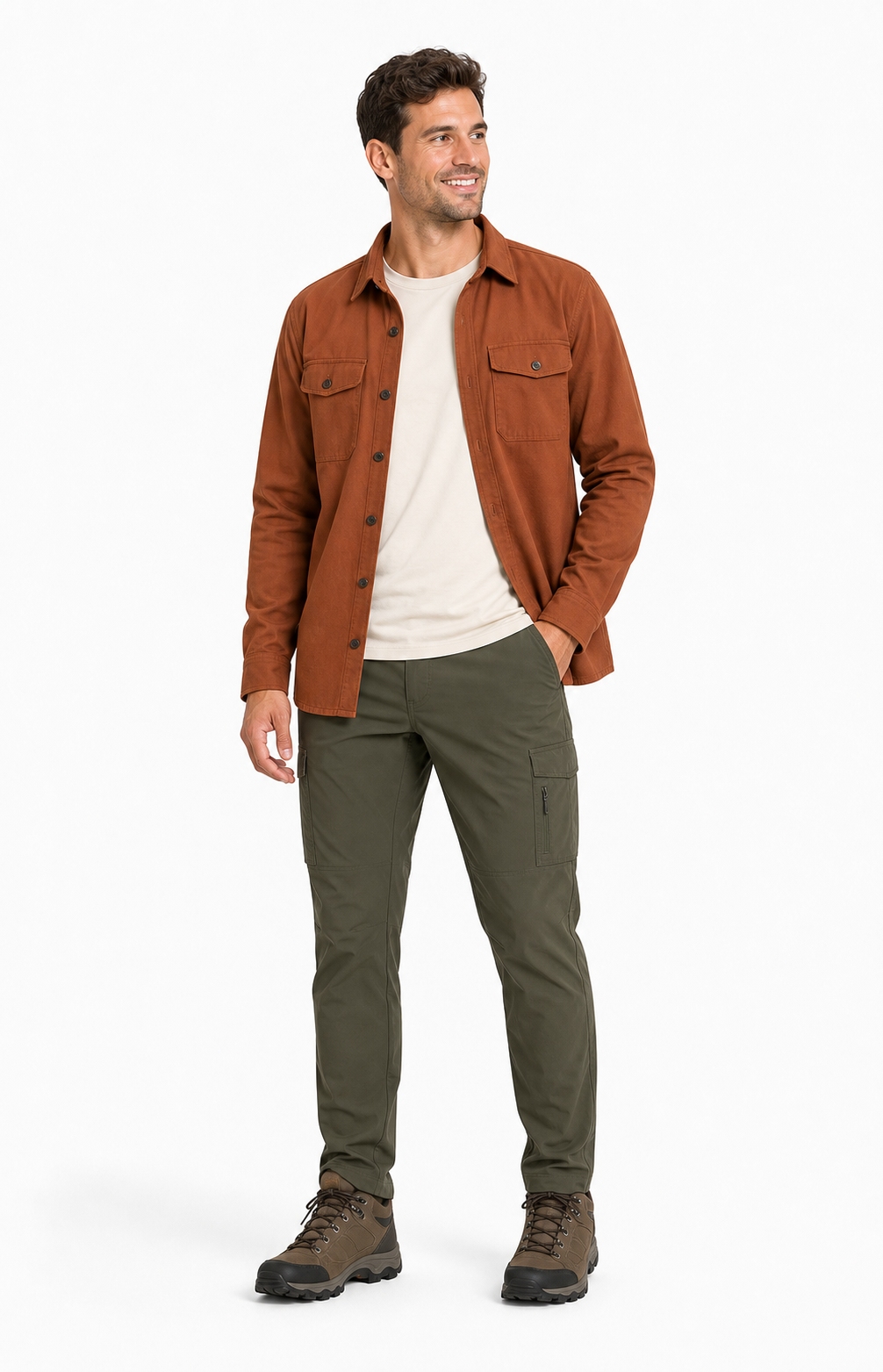 Mens camping overshirt and utility pants for outdoor lifestyle collections