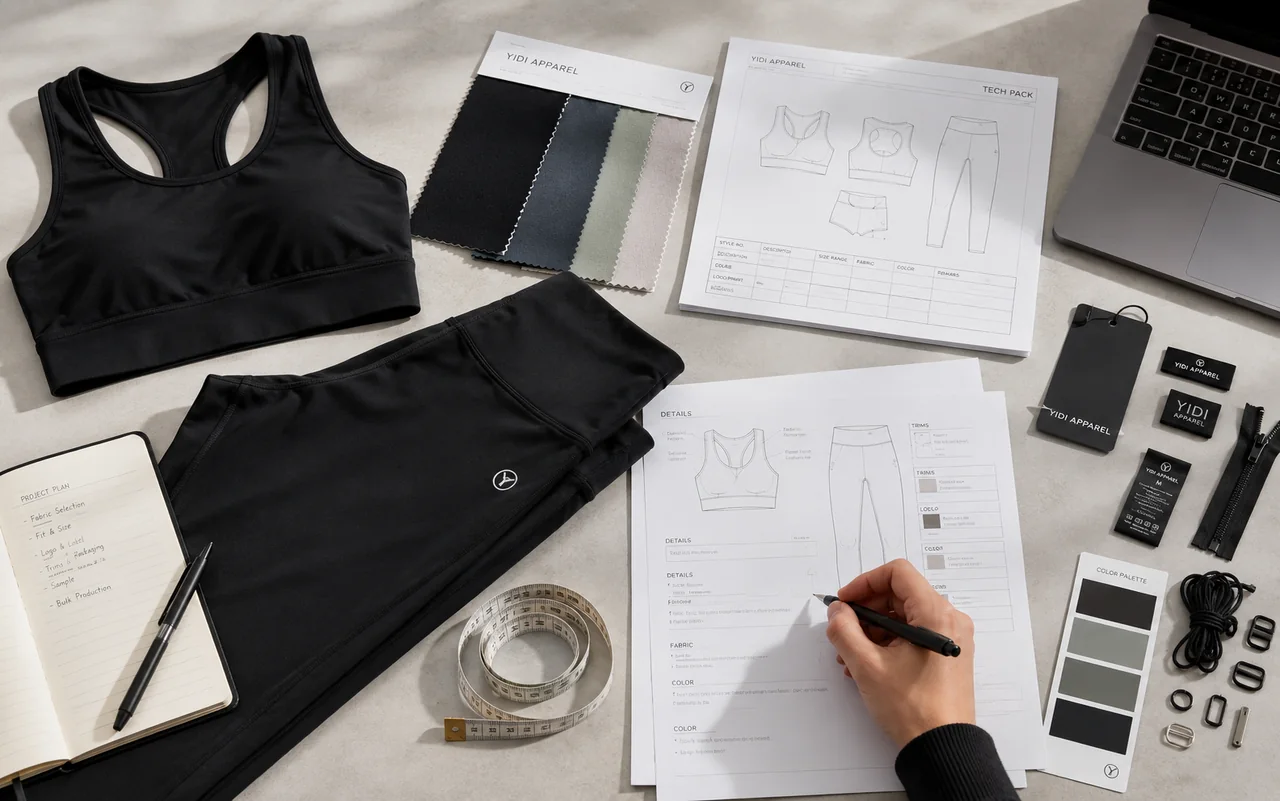 YIDI Apparel custom activewear tech pack with sports bra, leggings, fabric swatches and private label trims