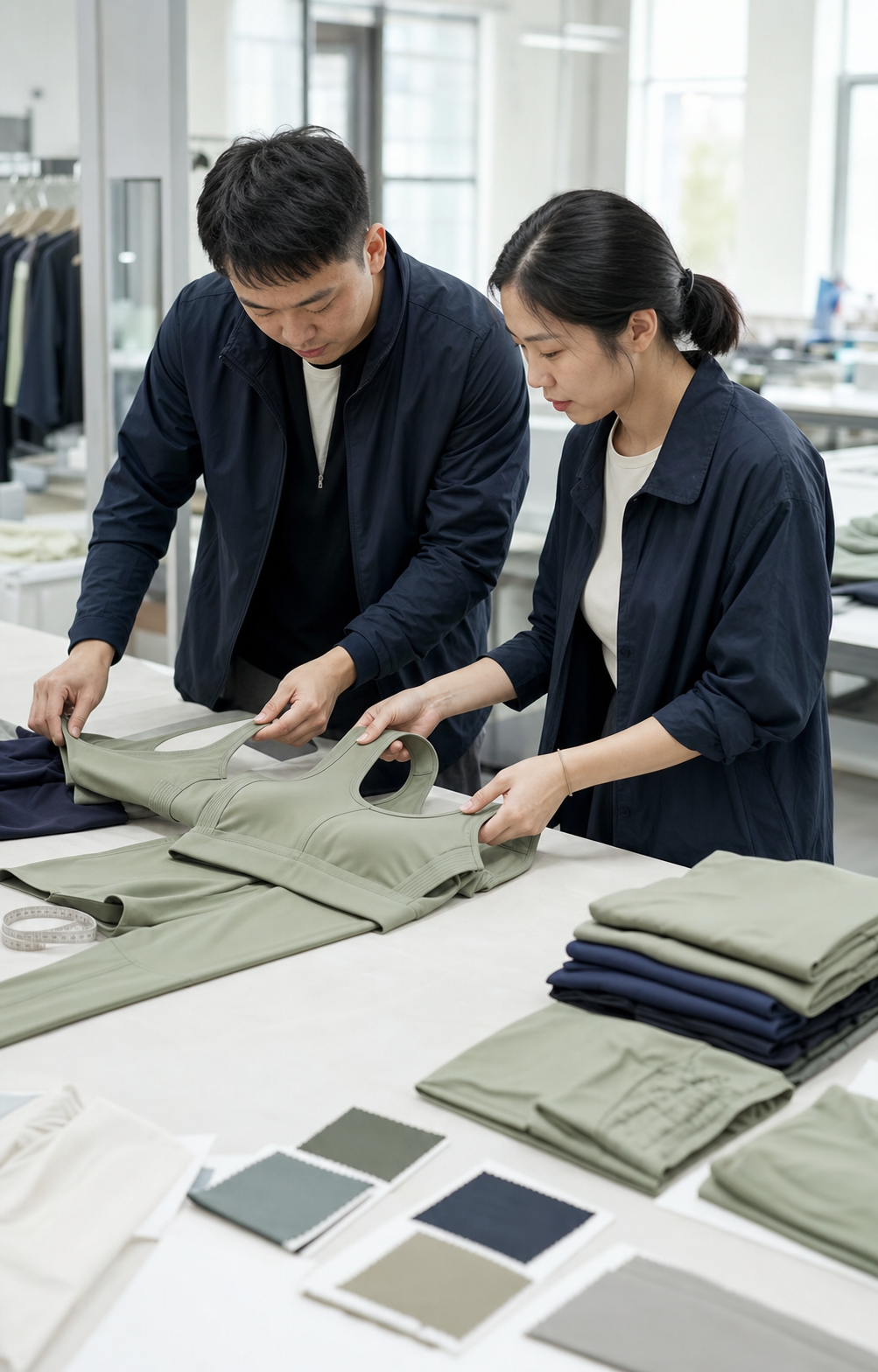 YIDI Clothing product development team reviewing custom activewear with fabric swatches in a Dongguan sample room