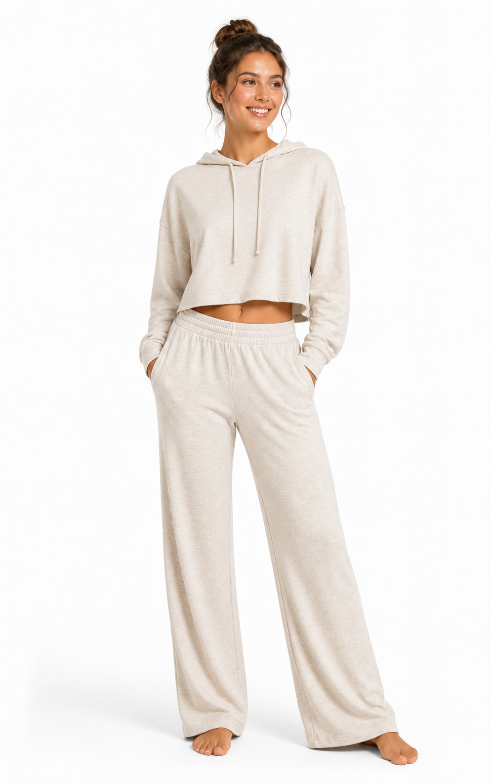 Oatmeal yoga lounge hoodie and wide-leg pants product photo