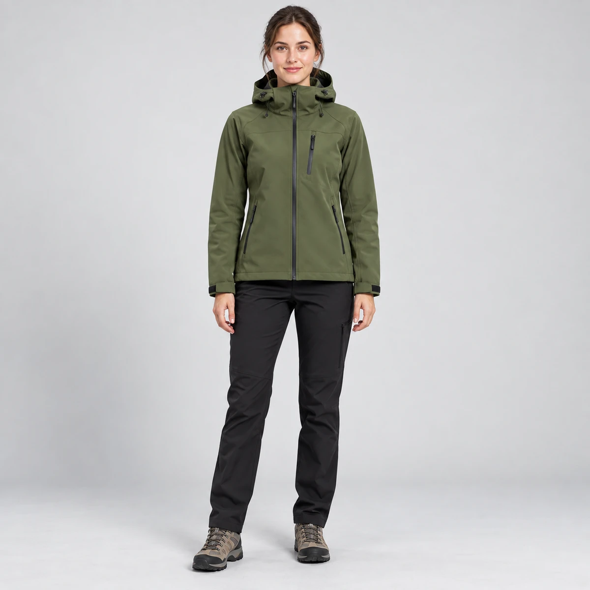 Woman wearing a coral outdoor shell jacket and matching rainwear on a white background